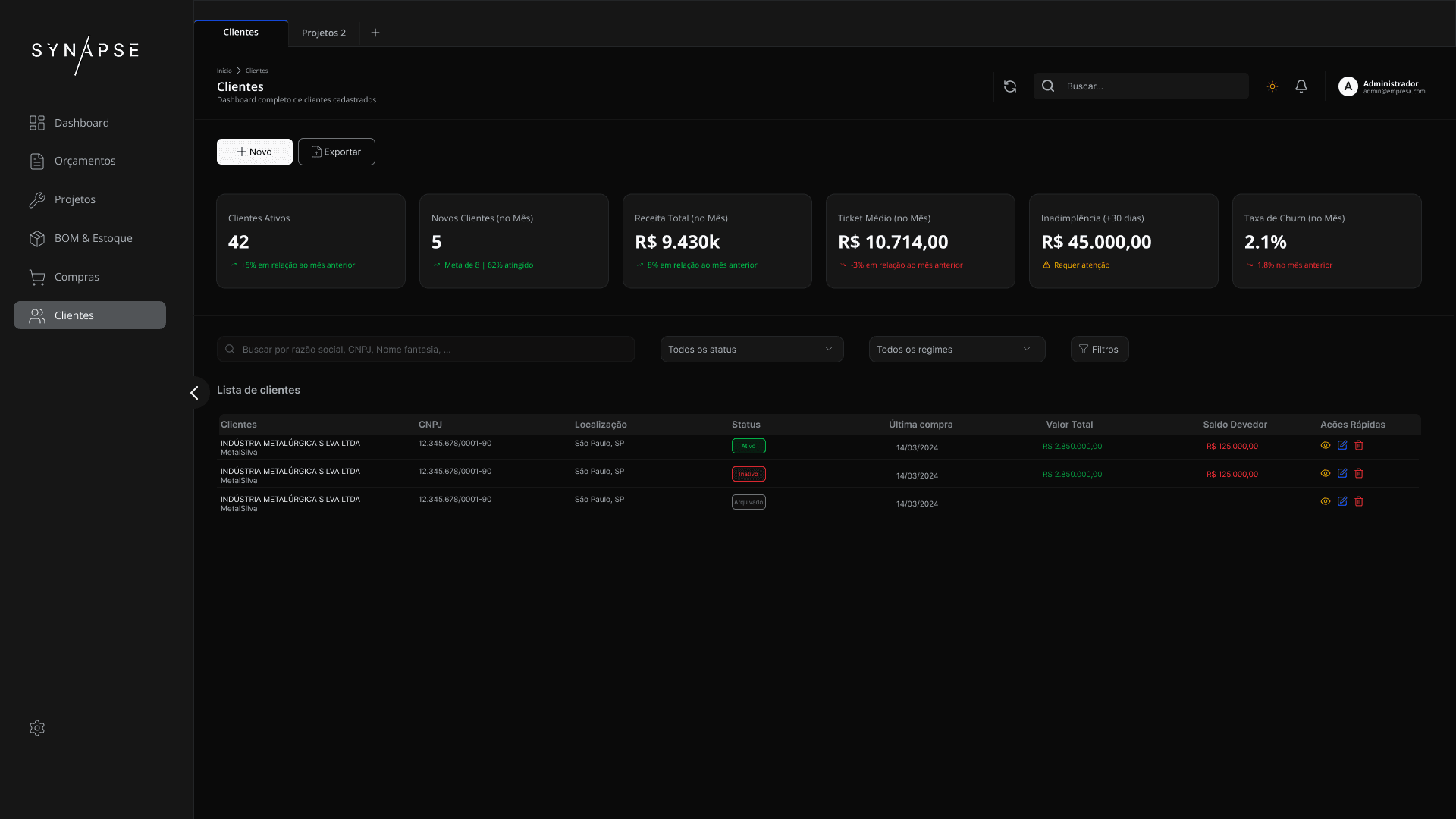 Tela de clientes do ERP Synpse da Cortex